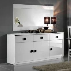 DANSMAMAISON Buffet 3 Portes 3 Tiroirs Blanc/Blanc - ZEME - L 180 X L 49 X H 85 Cm - Blanc