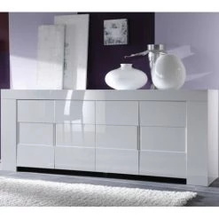 DANSMAMAISON Buffet 4 Portes Laqué Blanc Brillant - FATISCA - L 210 X L 50 X H 83 Cm - Blanc