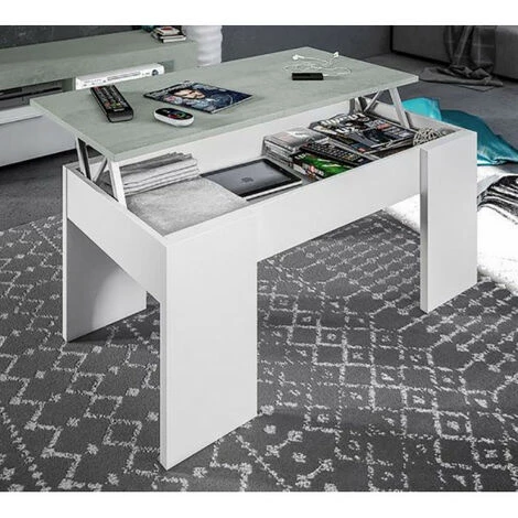 DANSMAMAISON Table Basse Relevable Blanc/Béton Ciré Clair - OXNARD - L 100 X L 50 X H 45 Cm - Blanc 2 DANSMAMAISON Table Basse Relevable Blanc/Béton Ciré Clair - OXNARD - L 100 X L 50 X H 45 Cm - Blanc – Image 2