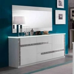 DANSMAMAISON Buffet 2 Portes 3 Tiroirs Blanc à LEDs - CRAC - L 180 X L 49 X H 85 Cm - Blanc