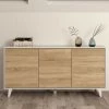 DANSMAMAISON Buffet 3 Portes Blanc Brillant/Chêne Clair - STOCKTON - L 154 X L 41 X H 75 Cm - Bois Clair