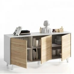 DANSMAMAISON Buffet 3 Portes Blanc Brillant/Chêne Clair - STOCKTON - L 154 X L 41 X H 75 Cm - Bois Clair -Buffet et enfilade Soldes 45792588 3