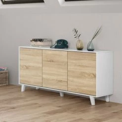 DANSMAMAISON Buffet 3 Portes Blanc Brillant/Chêne Clair - STOCKTON - L 154 X L 41 X H 75 Cm - Bois Clair -Buffet et enfilade Soldes 45792588 4