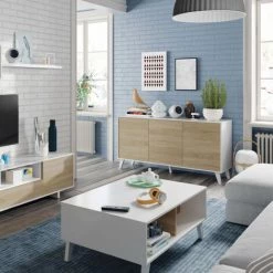 DANSMAMAISON Buffet 3 Portes Blanc Brillant/Chêne Clair - STOCKTON - L 154 X L 41 X H 75 Cm - Bois Clair -Buffet et enfilade Soldes 45792588 5