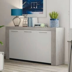 DANSMAMAISON Buffet 3 Portes Blanc/Béton Ciré Clair - RUINUI - L 144 X L 42 X H 80 Cm - Blanc