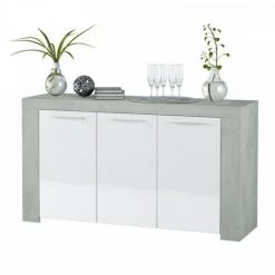 DANSMAMAISON Buffet 3 Portes Blanc/Béton Ciré Clair - RUINUI - L 144 X L 42 X H 80 Cm - Blanc -Buffet et enfilade Soldes 45792603 5