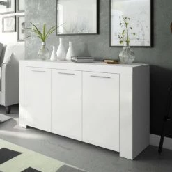 DANSMAMAISON Buffet 3 Portes Blanc - RUINUI - L 144 X L 42 X H 80 Cm - Blanc