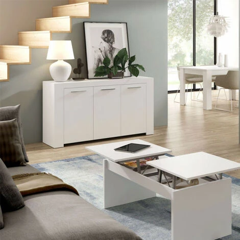 DANSMAMAISON Buffet 3 Portes Blanc - RUINUI - L 144 X L 42 X H 80 Cm - Blanc 3 DANSMAMAISON Buffet 3 Portes Blanc - RUINUI - L 144 X L 42 X H 80 Cm - Blanc – Image 3