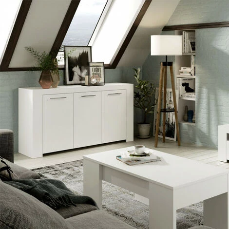 DANSMAMAISON Buffet 3 Portes Blanc - RUINUI - L 144 X L 42 X H 80 Cm - Blanc 4 DANSMAMAISON Buffet 3 Portes Blanc - RUINUI - L 144 X L 42 X H 80 Cm - Blanc – Image 4