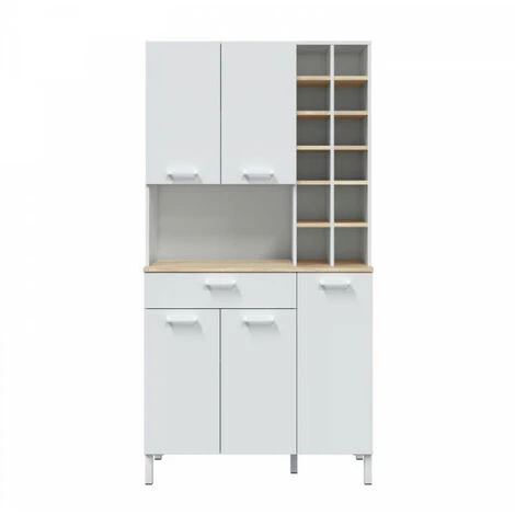 DANSMAMAISON Buffet 5 Portes + 1 Tiroir + Range Bouteille - Blanc/Chêne - TEKANA - L 108 X L 40 X H 186 - Blanc 2 DANSMAMAISON Buffet 5 Portes + 1 Tiroir + Range Bouteille - Blanc/Chêne - TEKANA - L 108 X L 40 X H 186 - Blanc – Image 2