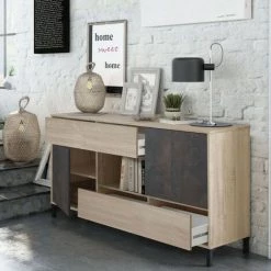 DANSMAMAISON Buffet 2 Portes 2 Tiroirs Béton/Chêne Clair - CALIA - L 151 X L 41 X H 80 Cm - Bois Clair