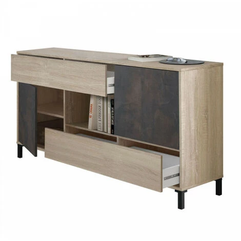 DANSMAMAISON Buffet 2 Portes 2 Tiroirs Béton/Chêne Clair - CALIA - L 151 X L 41 X H 80 Cm - Bois Clair 2 DANSMAMAISON Buffet 2 Portes 2 Tiroirs Béton/Chêne Clair - CALIA - L 151 X L 41 X H 80 Cm - Bois Clair – Image 2