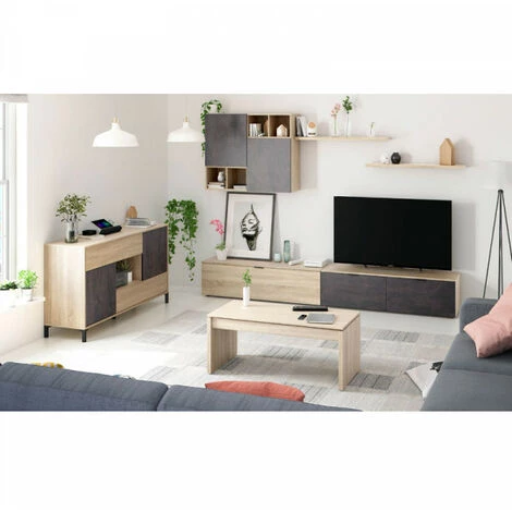 DANSMAMAISON Buffet 2 Portes 2 Tiroirs Béton/Chêne Clair - CALIA - L 151 X L 41 X H 80 Cm - Bois Clair 4 DANSMAMAISON Buffet 2 Portes 2 Tiroirs Béton/Chêne Clair - CALIA - L 151 X L 41 X H 80 Cm - Bois Clair – Image 4