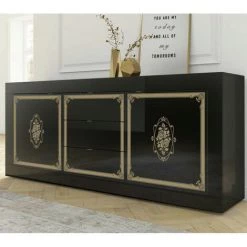DANSMAMAISON Buffet 2 Portes 3 Tiroirs Noir/Or - DILARA - L 210 X L 43 X H 86 Cm - Noir