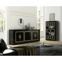 DANSMAMAISON Buffet 2 Portes 3 Tiroirs Noir/Or - DILARA - L 210 X L 43 X H 86 Cm - Noir -Buffet et enfilade Soldes 45793121 3