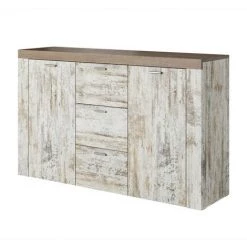 PRICE FACTORY Buffet Design 150cm Pour Salon Effet Pin Blanc Et Chêne Collection KEA. - Marron