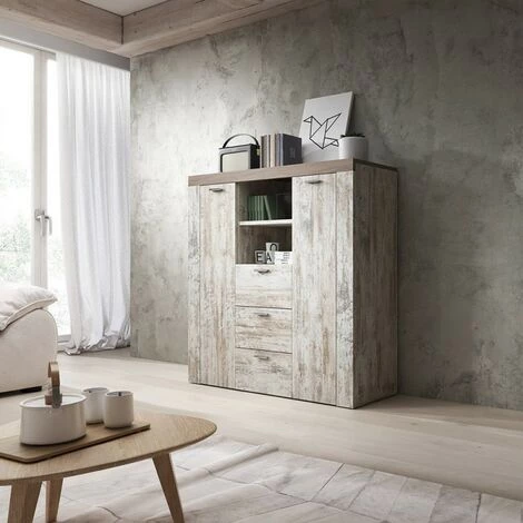 PRICE FACTORY Buffet Haut 120cm Style Design Collection KEA. Effet Pin Blanc Et Chêne - Marron 2 PRICE FACTORY Buffet Haut 120cm Style Design Collection KEA. Effet Pin Blanc Et Chêne - Marron – Image 2