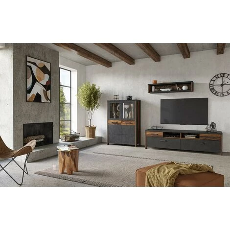 PRICE FACTORY Buffet Haut Collection WINDSOR. Coloris Gris Anthracite Et Chêne Foncé. - Gris 3 PRICE FACTORY Buffet Haut Collection WINDSOR. Coloris Gris Anthracite Et Chêne Foncé. - Gris – Image 3