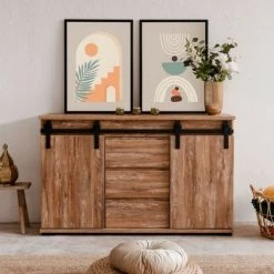 IPERBRIKO Buffet Chêne Country 2 Portes Coulissantes Réversibles Marrakech 140x40xh.87 Cm -Buffet et enfilade Soldes 46379446 3