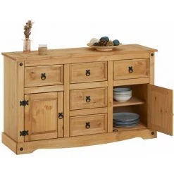 IDIMEX Buffet SALSA Commode Bahut Vaisselier En Bois Style Mexicain Avec 2 Portes Et 5 Tiroirs, En Pin Massif Finition Teintée/cirée - Naturel -Buffet et enfilade Soldes 46760768 4