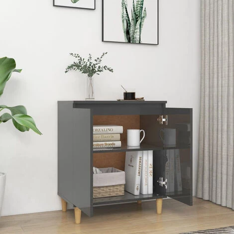 ASUPERMALL Buffet Avec Pieds En Bois Gris Brillant 60x35x70 Cm Agglomere 3 ASUPERMALL Buffet Avec Pieds En Bois Gris Brillant 60x35x70 Cm Agglomere – Image 3