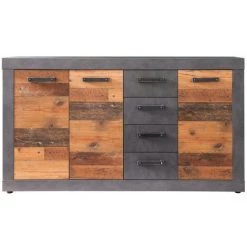 LES TENDANCES Commode 3 Portes 4 Tiroirs Mélaminé Chêne Foncé Et Gris Orcel