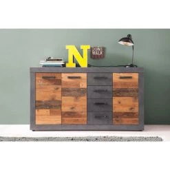 LES TENDANCES Commode 3 Portes 4 Tiroirs Mélaminé Chêne Foncé Et Gris Orcel -Buffet et enfilade Soldes 47112856 4