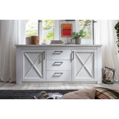 LES TENDANCES Buffet 2 Portes 3 Tiroirs Mélaminé Blanc Aria