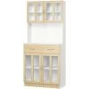 HOMCOM Armoire De Cuisine Multi-rangement 4 Portes Vitrine Verre Avec étagère Tiroir Coulissant Grand Plateau Panneaux Particules Blanc Aspect Chêne Clair