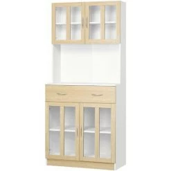HOMCOM Armoire De Cuisine Multi-rangement 4 Portes Vitrine Verre Avec étagère Tiroir Coulissant Grand Plateau Panneaux Particules Blanc Aspect Chêne Clair