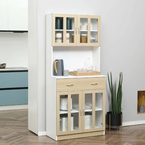 HOMCOM Armoire De Cuisine Multi-rangement 4 Portes Vitrine Verre Avec étagère Tiroir Coulissant Grand Plateau Panneaux Particules Blanc Aspect Chêne Clair 2 HOMCOM Armoire De Cuisine Multi-rangement 4 Portes Vitrine Verre Avec étagère Tiroir Coulissant Grand Plateau Panneaux Particules Blanc Aspect Chêne Clair – Image 2