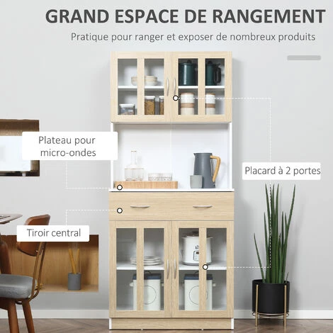 HOMCOM Armoire De Cuisine Multi-rangement 4 Portes Vitrine Verre Avec étagère Tiroir Coulissant Grand Plateau Panneaux Particules Blanc Aspect Chêne Clair 4 HOMCOM Armoire De Cuisine Multi-rangement 4 Portes Vitrine Verre Avec étagère Tiroir Coulissant Grand Plateau Panneaux Particules Blanc Aspect Chêne Clair – Image 4