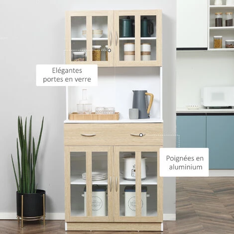 HOMCOM Armoire De Cuisine Multi-rangement 4 Portes Vitrine Verre Avec étagère Tiroir Coulissant Grand Plateau Panneaux Particules Blanc Aspect Chêne Clair 5 HOMCOM Armoire De Cuisine Multi-rangement 4 Portes Vitrine Verre Avec étagère Tiroir Coulissant Grand Plateau Panneaux Particules Blanc Aspect Chêne Clair – Image 5