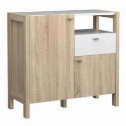 MEUBLETMOI Buffet Moderne 1 Tiroir 2 Portes Décor Blanc Et Chêne - NORWAY - Bois