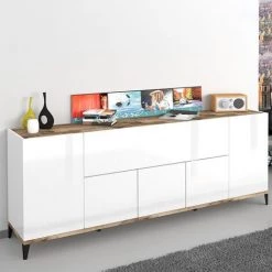 AHD AMAZING HOME DESIGN Buffet Design Moderne 200x40cm 5 Portes Compartiment Rabattable Stephanie Wood