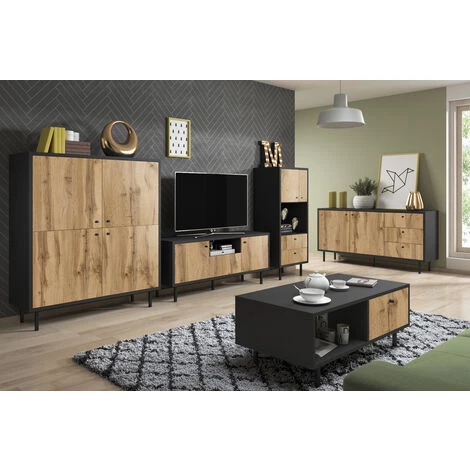 Meuble Buffet En Bois Coloris Noir Mat / Chêne Wotan - L.164 X P.42 X H.75 Cm -PEGANE- 2 Meuble Buffet En Bois Coloris Noir Mat / Chêne Wotan - L.164 X P.42 X H.75 Cm -PEGANE- – Image 2