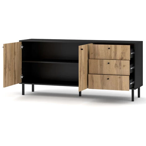 Meuble Buffet En Bois Coloris Noir Mat / Chêne Wotan - L.164 X P.42 X H.75 Cm -PEGANE- 3 Meuble Buffet En Bois Coloris Noir Mat / Chêne Wotan - L.164 X P.42 X H.75 Cm -PEGANE- – Image 3