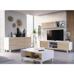 DANSMAMAISON Séjour Complet Blanc Brillant/Chêne Clair - STOCKTON - Meuble TV : L 180 X L 41 X H 51 / Etagère Murale : L 180 X L 25 X H 35 Cm / Buffet : L 154 X L 41 X H 75 Cm / Table Basse : L 100 X L 68 X H 41 Cm - Bois Clair