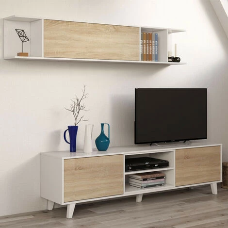 DANSMAMAISON Séjour Complet Blanc Brillant/Chêne Clair - STOCKTON - Meuble TV : L 180 X L 41 X H 51 / Etagère Murale : L 180 X L 25 X H 35 Cm / Buffet : L 154 X L 41 X H 75 Cm / Table Basse : L 100 X L 68 X H 41 Cm - Bois Clair 2 DANSMAMAISON Séjour Complet Blanc Brillant/Chêne Clair - STOCKTON - Meuble TV : L 180 X L 41 X H 51 / Etagère Murale : L 180 X L 25 X H 35 Cm / Buffet : L 154 X L 41 X H 75 Cm / Table Basse : L 100 X L 68 X H 41 Cm - Bois Clair – Image 2