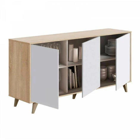 DANSMAMAISON Buffet 3 Portes Blanc/Chêne - SAG - L 154 X L 40 X H 75 Cm - Bois Clair 3 DANSMAMAISON Buffet 3 Portes Blanc/Chêne - SAG - L 154 X L 40 X H 75 Cm - Bois Clair – Image 3