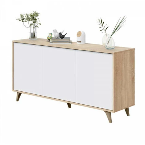 DANSMAMAISON Buffet 3 Portes Blanc/Chêne - SAG - L 154 X L 40 X H 75 Cm - Bois Clair 4 DANSMAMAISON Buffet 3 Portes Blanc/Chêne - SAG - L 154 X L 40 X H 75 Cm - Bois Clair – Image 4
