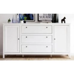 LES TENDANCES Buffet 2 Portes 3 Tiroirs Mélaminé Blanc Leone