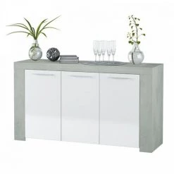 DANSMAMAISON Séjour Complet Blanc/Béton Ciré Clair - RUINUI - Table Basse : L 100 X L 50 X H 45/56 Cm ; Buffet : L 144 X L 42 X H 80 Cm ; Meuble TV : L 120 X L 42 X H 40 Cm - Gris -Buffet et enfilade Soldes 48099668 2