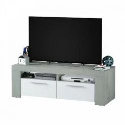 DANSMAMAISON Séjour Complet Blanc/Béton Ciré Clair - RUINUI - Table Basse : L 100 X L 50 X H 45/56 Cm ; Buffet : L 144 X L 42 X H 80 Cm ; Meuble TV : L 120 X L 42 X H 40 Cm - Gris -Buffet et enfilade Soldes 48099668 3