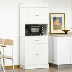HOMCOM Armoire De Cuisine Contemporaine Multi-rangement 4 Portes Tiroir Coulissant Et Grand Plateau Dim. 74L X 39l X 183H Cm Panneaux Particules MDF Blanc -Buffet et enfilade Soldes 48139835 2