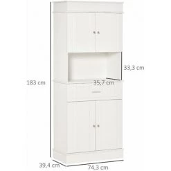 HOMCOM Armoire De Cuisine Contemporaine Multi-rangement 4 Portes Tiroir Coulissant Et Grand Plateau Dim. 74L X 39l X 183H Cm Panneaux Particules MDF Blanc -Buffet et enfilade Soldes 48139835 3