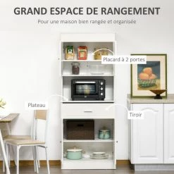 HOMCOM Armoire De Cuisine Contemporaine Multi-rangement 4 Portes Tiroir Coulissant Et Grand Plateau Dim. 74L X 39l X 183H Cm Panneaux Particules MDF Blanc -Buffet et enfilade Soldes 48139835 4