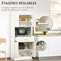 HOMCOM Armoire De Cuisine Contemporaine Multi-rangement 4 Portes Tiroir Coulissant Et Grand Plateau Dim. 74L X 39l X 183H Cm Panneaux Particules MDF Blanc -Buffet et enfilade Soldes 48139835 5