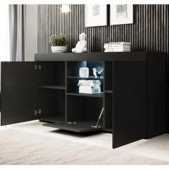 DESIGN AMEUBLEMENT Buffet Bahut 3 Portes Avec LED | 150 X 80 X 40cm | Couleur Noir Mate | Meuble De Rangement | Modèle NATOLIA - Noir -Buffet et enfilade Soldes 48177380 3