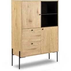 DECO IN PARIS Buffet Haut 2 Portes 2 Tiroirs En Bois Clair Et Métal Noir SOHANE - Bois Clair